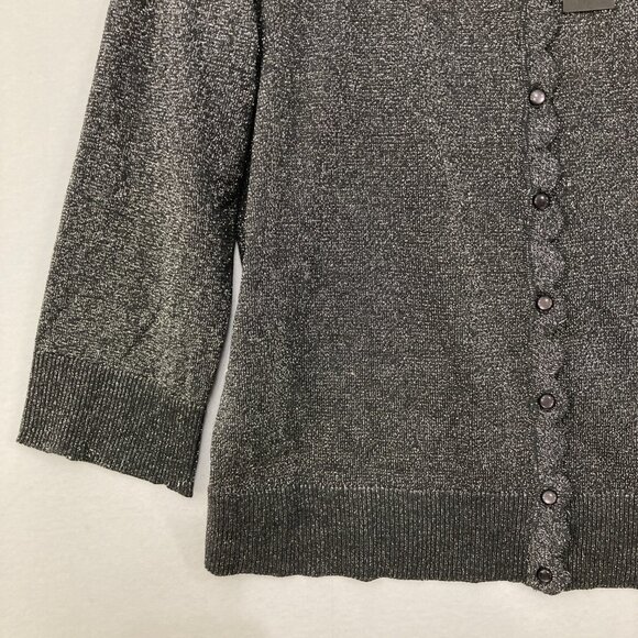 New Cable & Gauge size XL Black Metallic Scallop Neck 3/4 Sleeve Button Cardigan - Picture 4 of 10